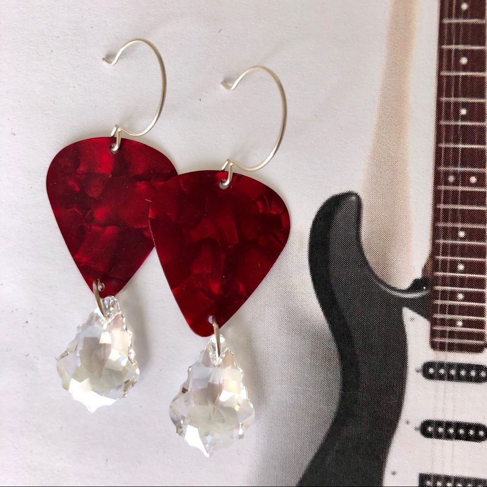 Guitar Pick Earrings OOAK Champagne crystal drops